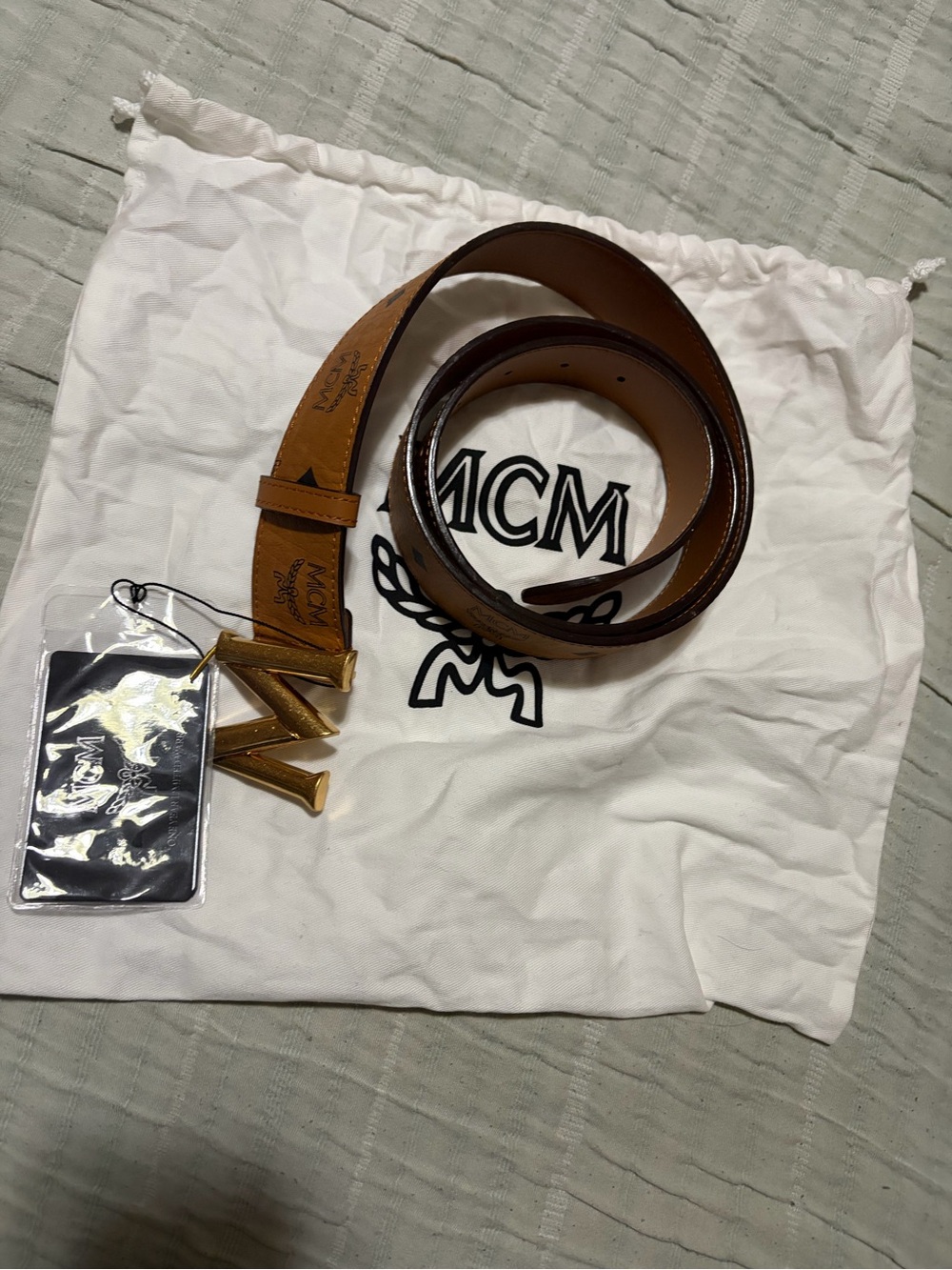 MCM Unisex Tan Leather Logo Belt with Gold M Buckle